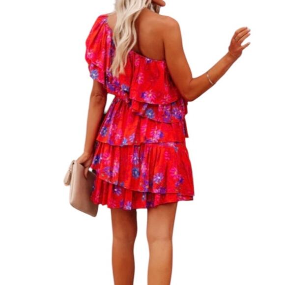 Endless Rose red floral One Shoulder Mini Dress Tiered Ruffle NEW summer - Picture 8 of 11